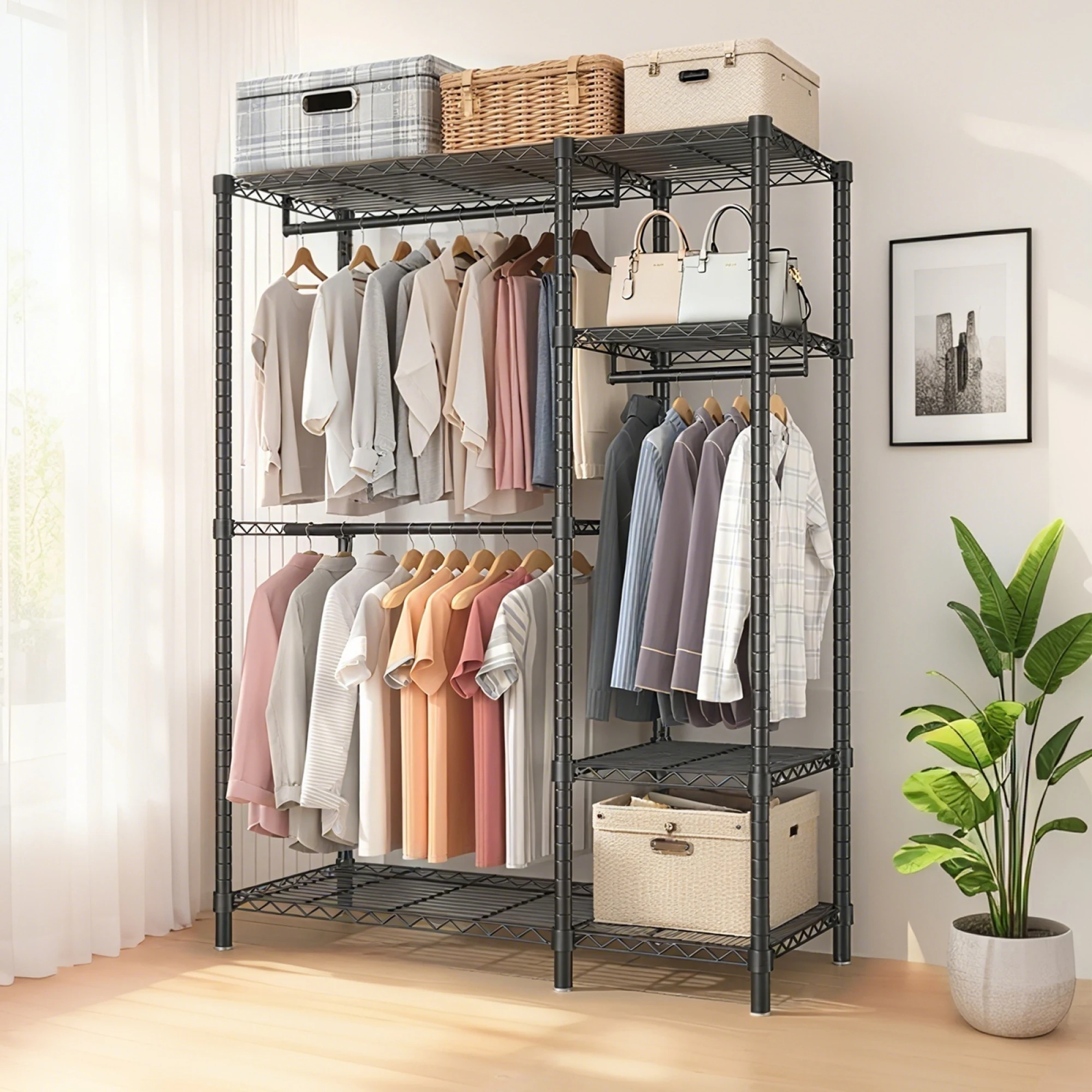 Heavy Duty Clothes Rack, Freestanding Closet Organizer, Portable Clothing Rack with Adjustable Wire Shelving & 3 Hanging Rods