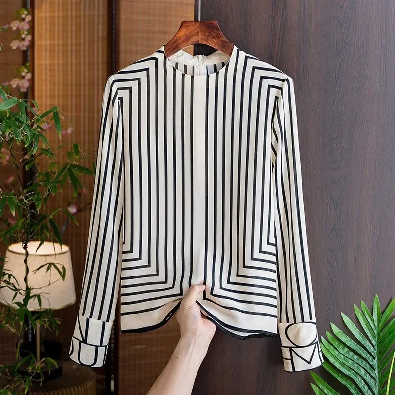 Silk Stripe Women's Blouses Summer 2023 Geometric Print Long Sleeves Shirts Loose Korean O-Neck New Casual Top