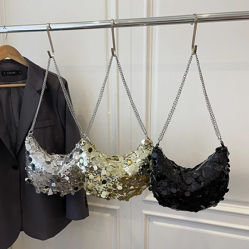 Bolsos de noche con lentejuelas brillantes en forma de media luna, bolso hobo con correa de cadena, bolsos de mano brillantes estilo disco, bolso cruzado de lujo para bodas y novias