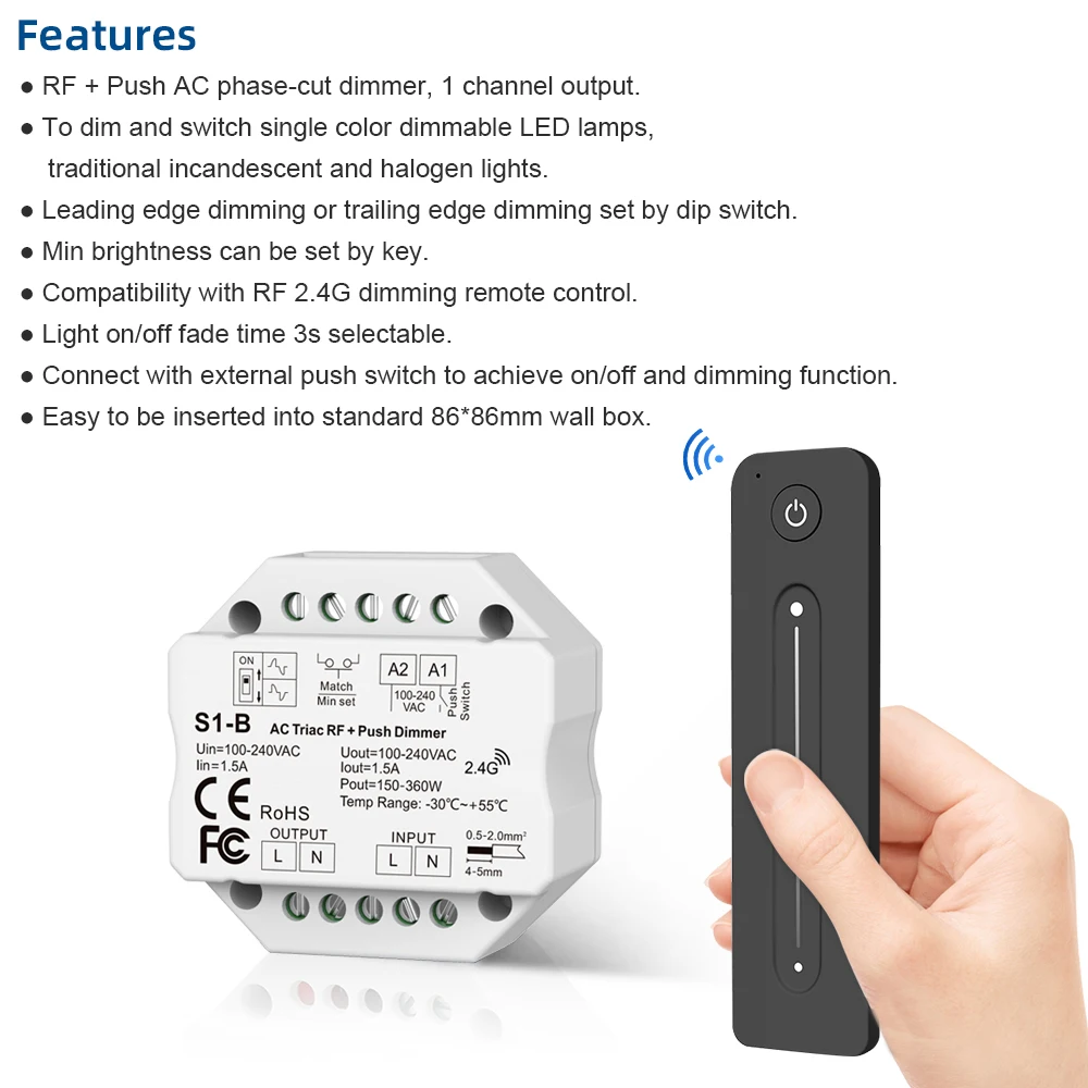 S1-B LED Dimmer 220V 2.4G RF R11 Touch Remote Triac Dimmer AC 110V 230V Dimer Push Switch for 220 Volt LED Bulb Light Lamp