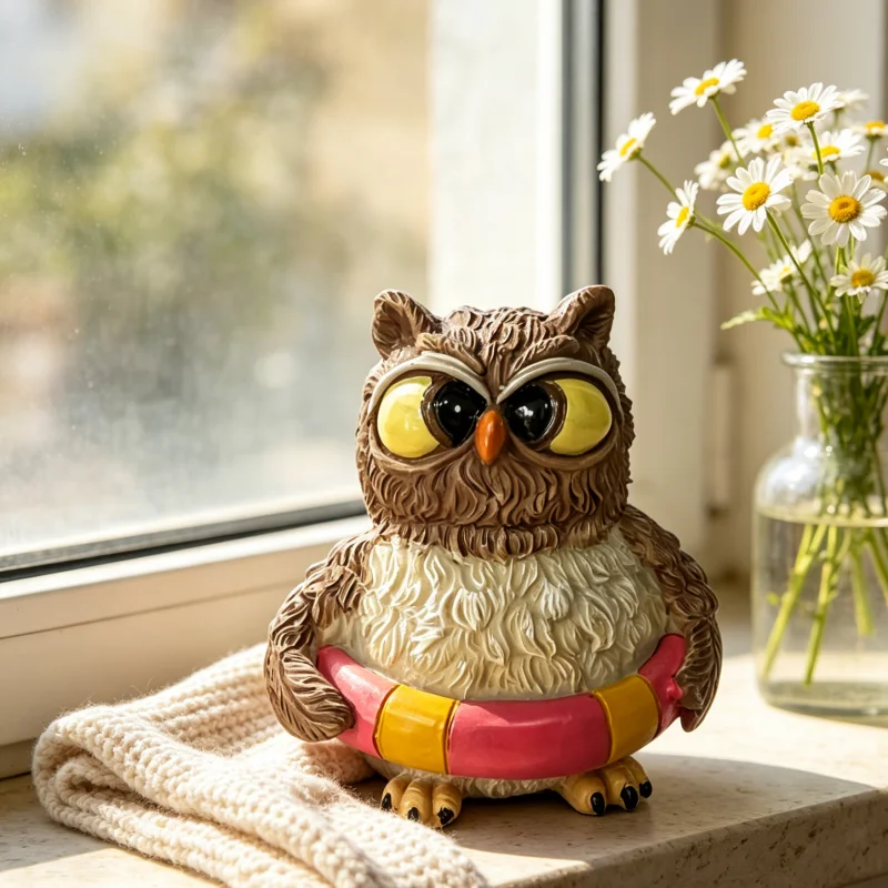Owl Figurine with Swim Ring, Resin, Brown & Yellow, Cute Home Decor Statue