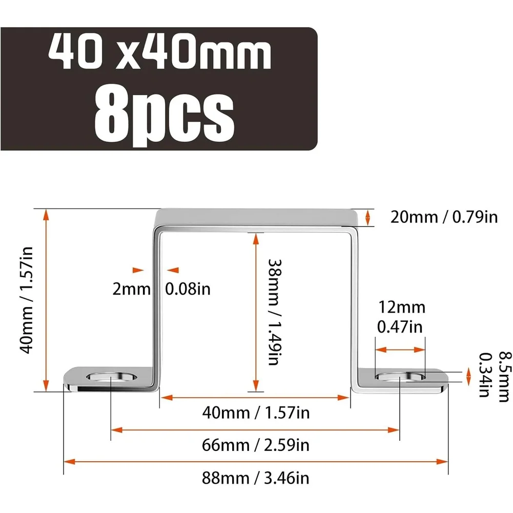 40x40mm Stainless Steel Square Tube Clamps Right Angle Brackets Set of 8 for Strong and Precise Metal Fittings