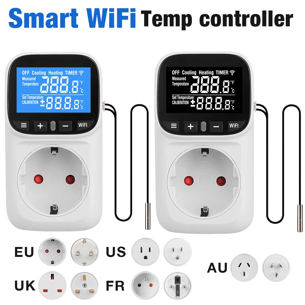 Thermostat intelligent Wi-Fi Tuya avec prise EU/US/UK/FR/AU, contrôleur de température, prise de courant AC110-240V, minuterie, thermomètre LCD, régulateur