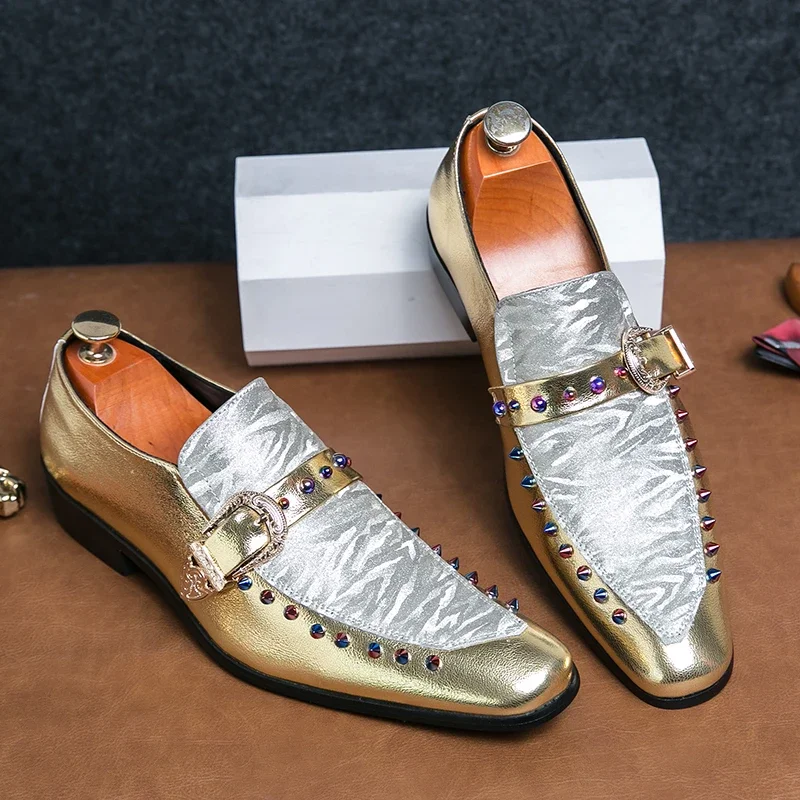 Fashion Gold Silver Dress Shoes for Men Luxury Brand Mens Casual Shoes New Youth Large Size 38-47 Party Chelsea Evening Oxfords