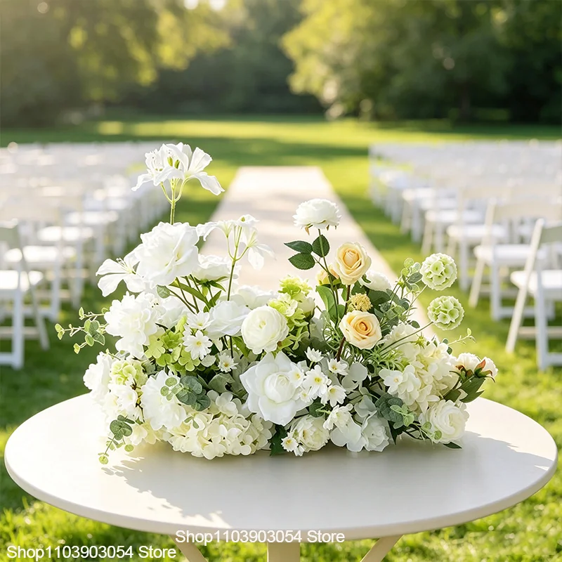 Grüne Pflanzen, Rosen, Hortensien, Künstliche Blumenreihe, Luxuriöse Hochzeitstisch-Mittelstücke, Blumen-Hintergrund-Dekoration, Party-Bühnen-Blumendekoration – Detail 4