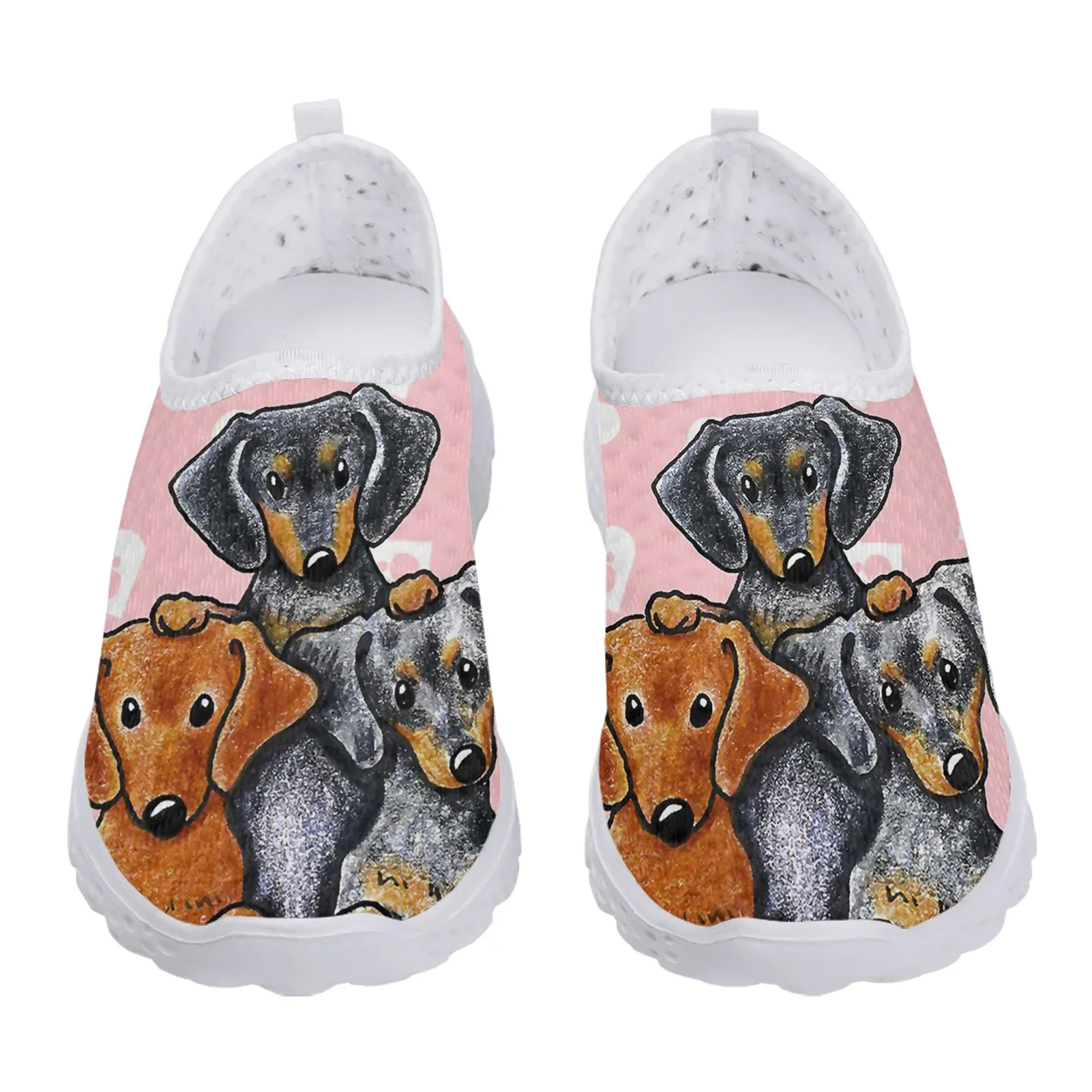 Fashion Cartoon Dachshund Print Lightweight Breathable Mesh Shoes Pink Heart Print Loafers Soft Casual Sneakers