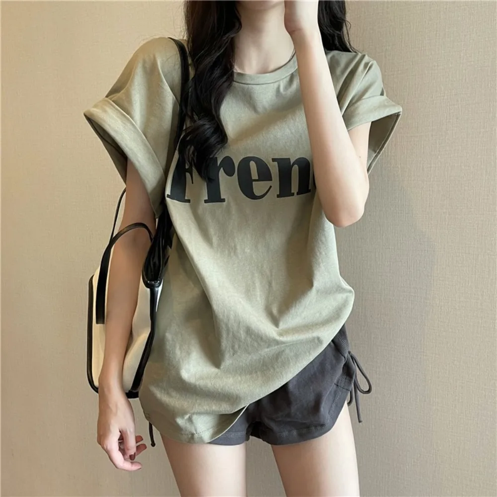 Summer Short-sleeved Drop Shoulder T-shirt Wide Silhouette Print Loose Summer Top Casual Round Neck Rolled Edge Loose Tops Women