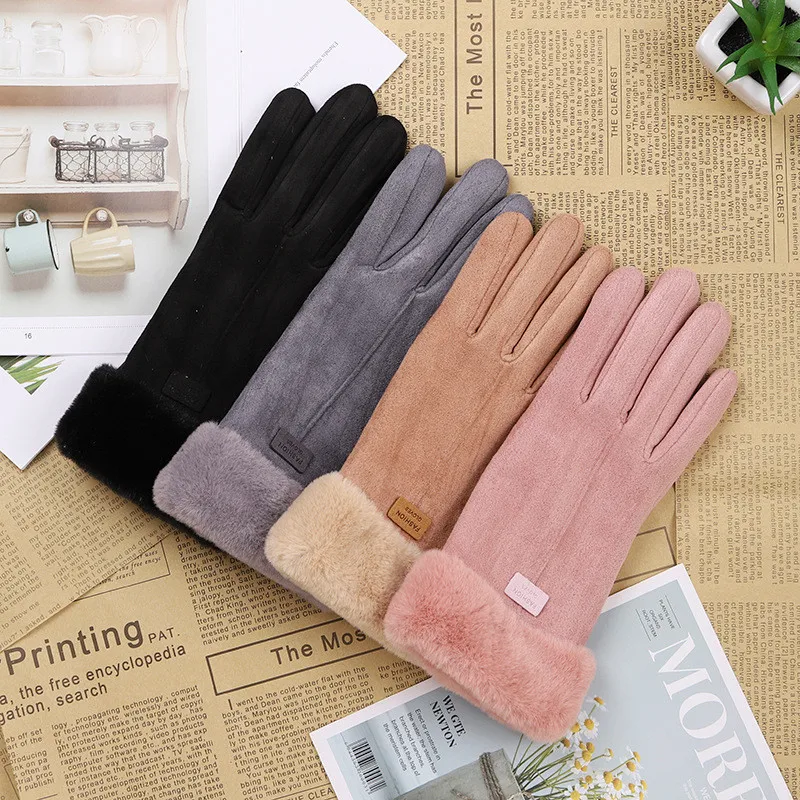 Winter Female Cashmere Warm Suede Leather Cycling Mittens Double Thick Velvet Plush Wrist Women Touch Screen Driving Gloves