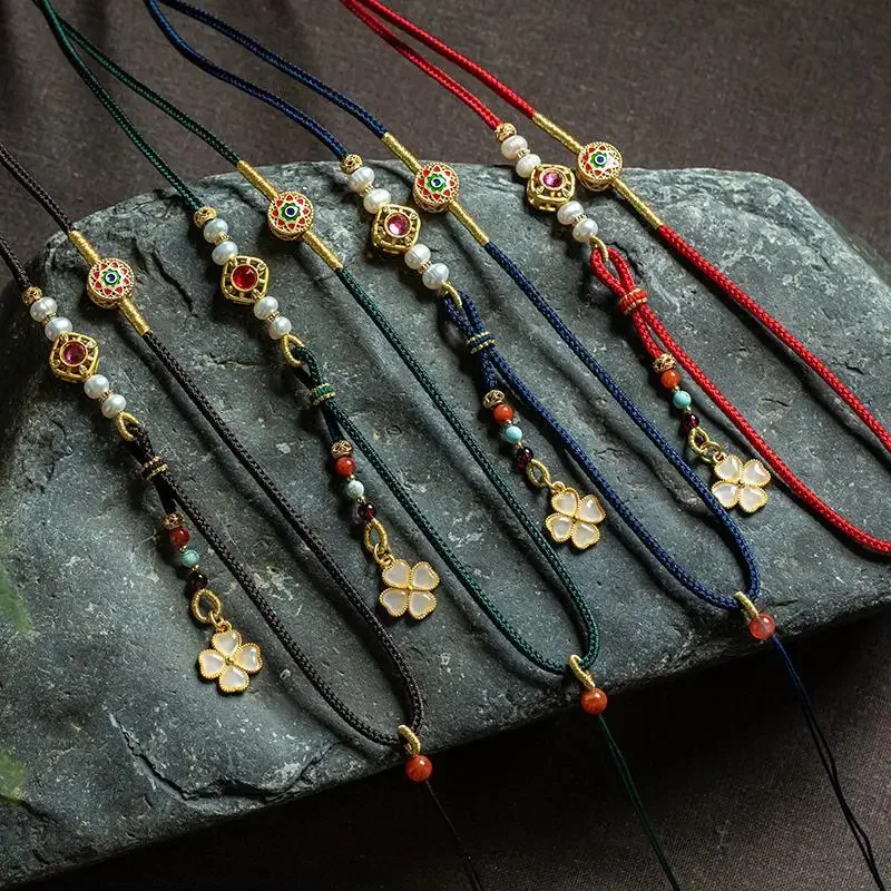 Cordón colgante chapado en oro auténtico de 18 quilates, tejido fino, cera de abejas de Jade larga, cuerda hecha a mano, collar ajustable, cadena de lana