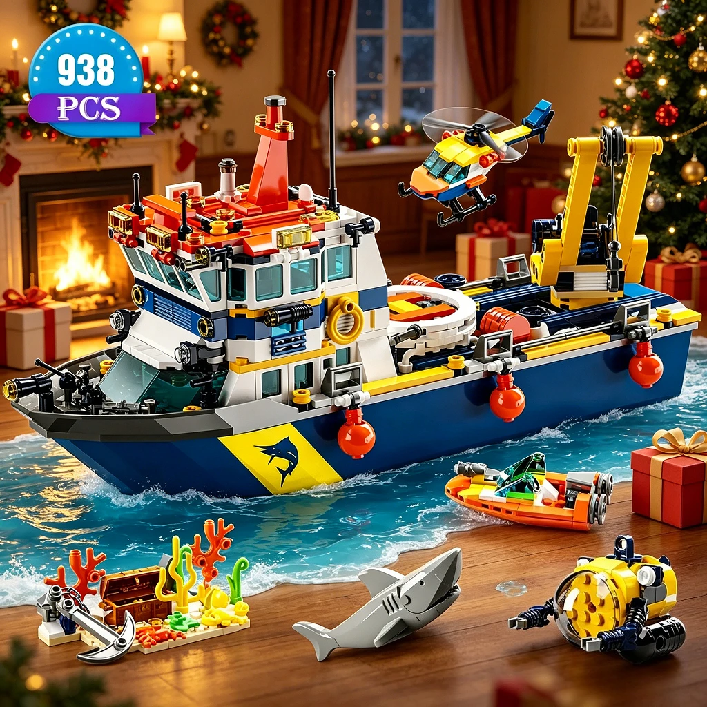 

City Ocean Explorer Ship Building Set,Fun Toy Exploration Boat Building Block Kit,Helicopter, Submarine, Birthday Gifts for Kids