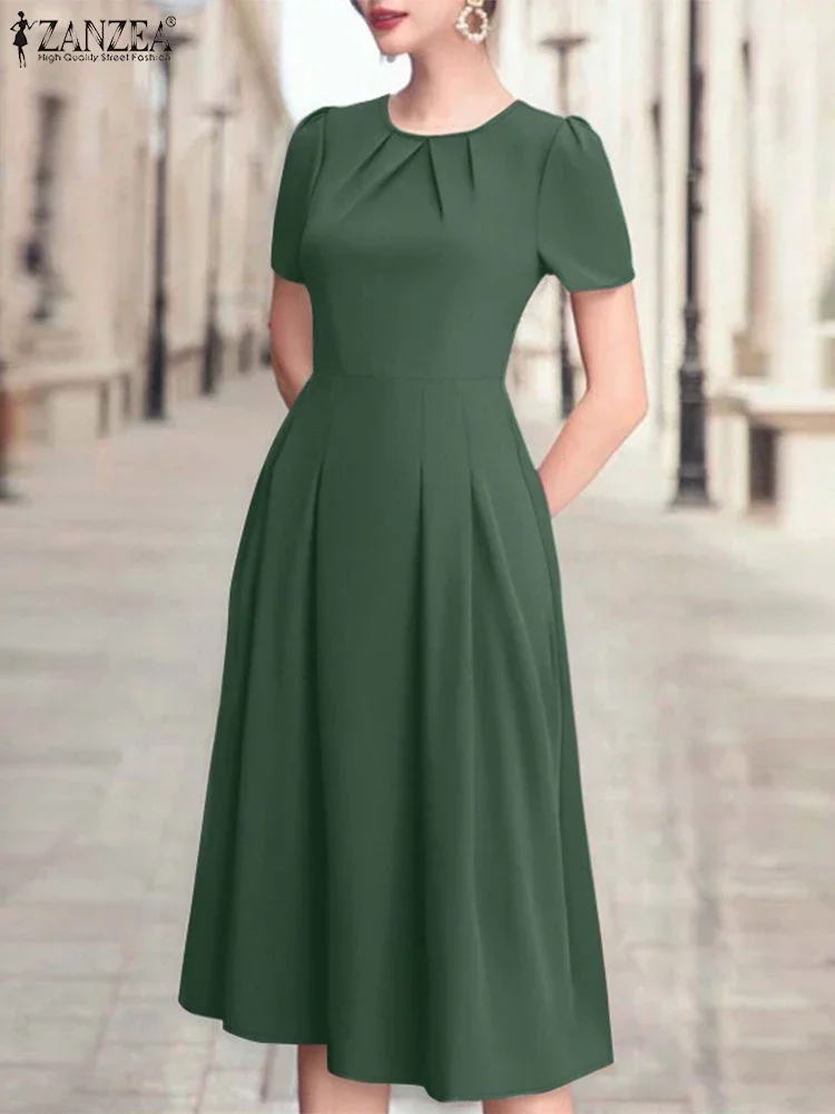 ZANZEA-Vestidos Midi plisados elegantes para mujer, moda 2021, manga corta abombada, cintura ajustada, batas lisas, Vestidos de fiesta acampanados de verano