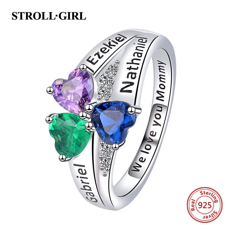 925 Sterling Silver Custom Three Heart Birthstone Engraved Names Ring for Women Wife Girlfriend Wedding Birthday Jewelry Gifts