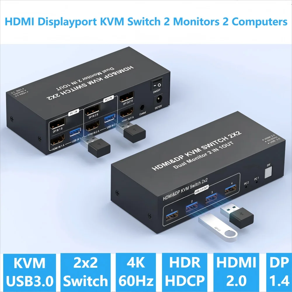 

2X2 KVM-переключатель с двойным монитором 4k 60 Гц HDMI 2.0 KVM-переключатель Расширенный дисплей HDMI DisplayPort USB 3.0 KVM-переключатель 2 в 2 выхода для ПК