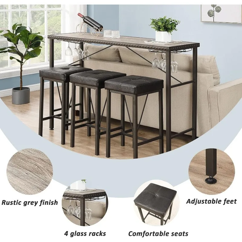 4 Piece Long Bar Table and Chairs Set, Counter Height Table with 3 Cushion Stools, Behind Couch Bar Table