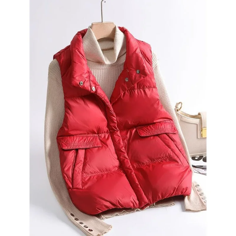 2024 Autumn Winter Ultra Light Thin Duck Down Jacket Women Quilted Short Warm Basic Vest Casual Pocket Waistcoat Female Coat