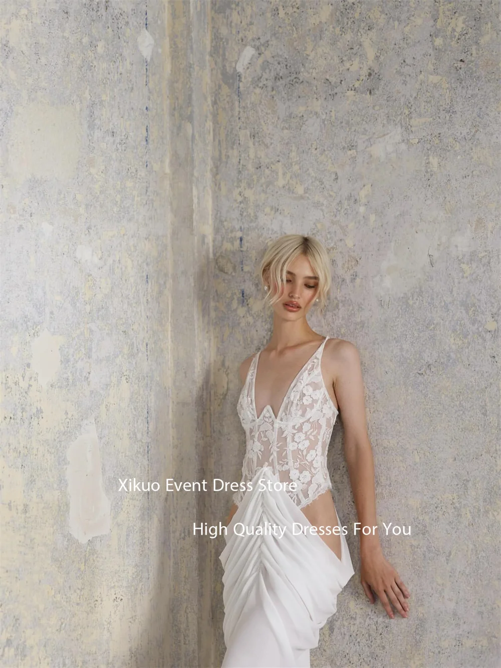 Xikuo يزين الخامس الرقبة فستان الزفاف Ruched الخصر طول الأرض فستان زفاف الوهم قطع حورية البحر Vestidos De Novia مخصص