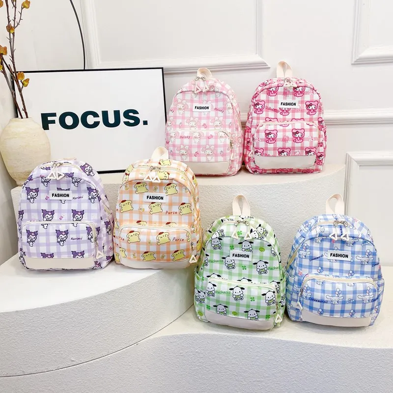 Children Backpack 3 Pieces Set Sanrio Hello Kitty Kuromi Melody Pochacco Cinnamoroll Plaid Satchel Kawaii Knapsack Casual Bag