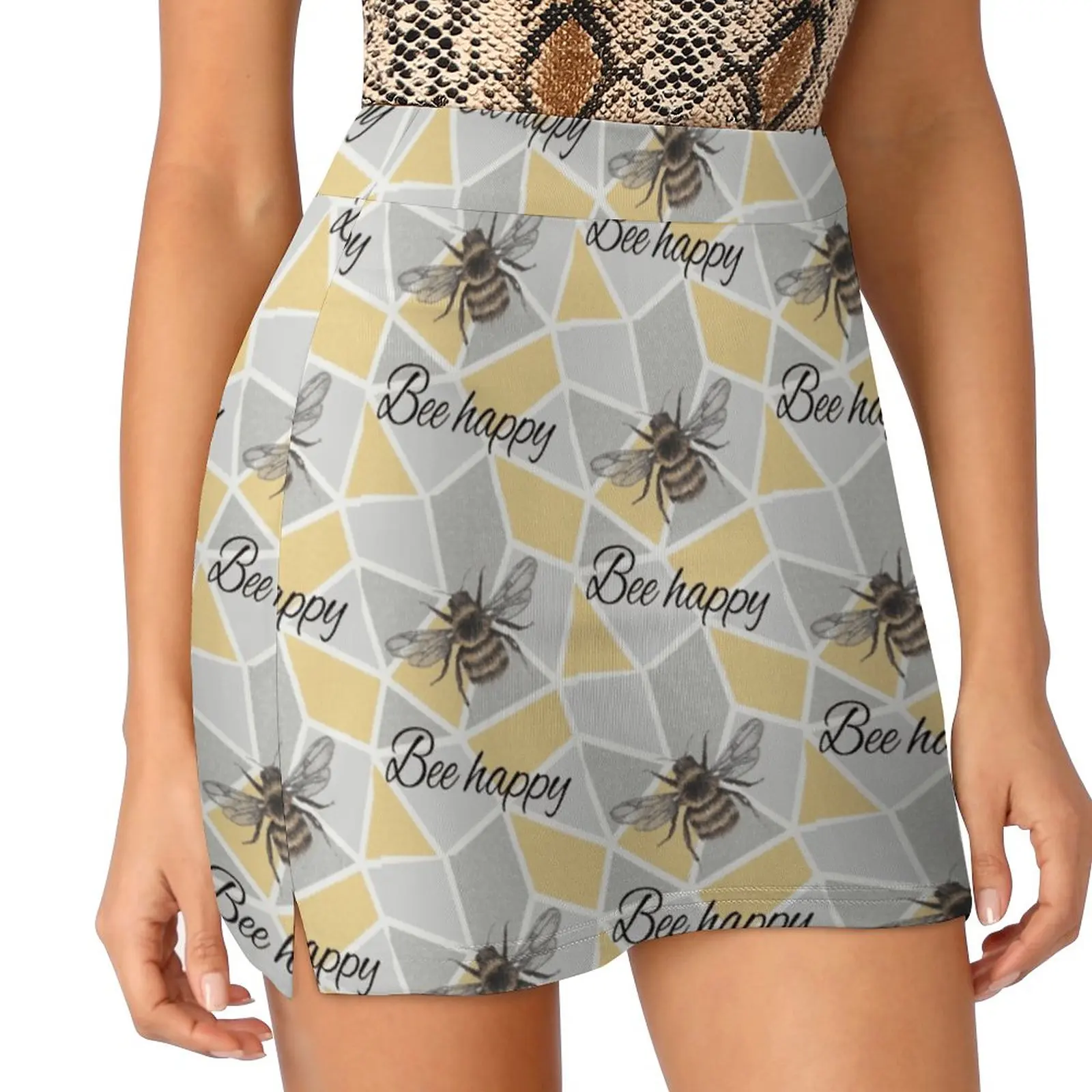 Bumble Bee Typography Geometric Bee Happy Women's skirt Mini Skirts A Line Skirt With Hide Pocket Bumble Bee Queen Bee