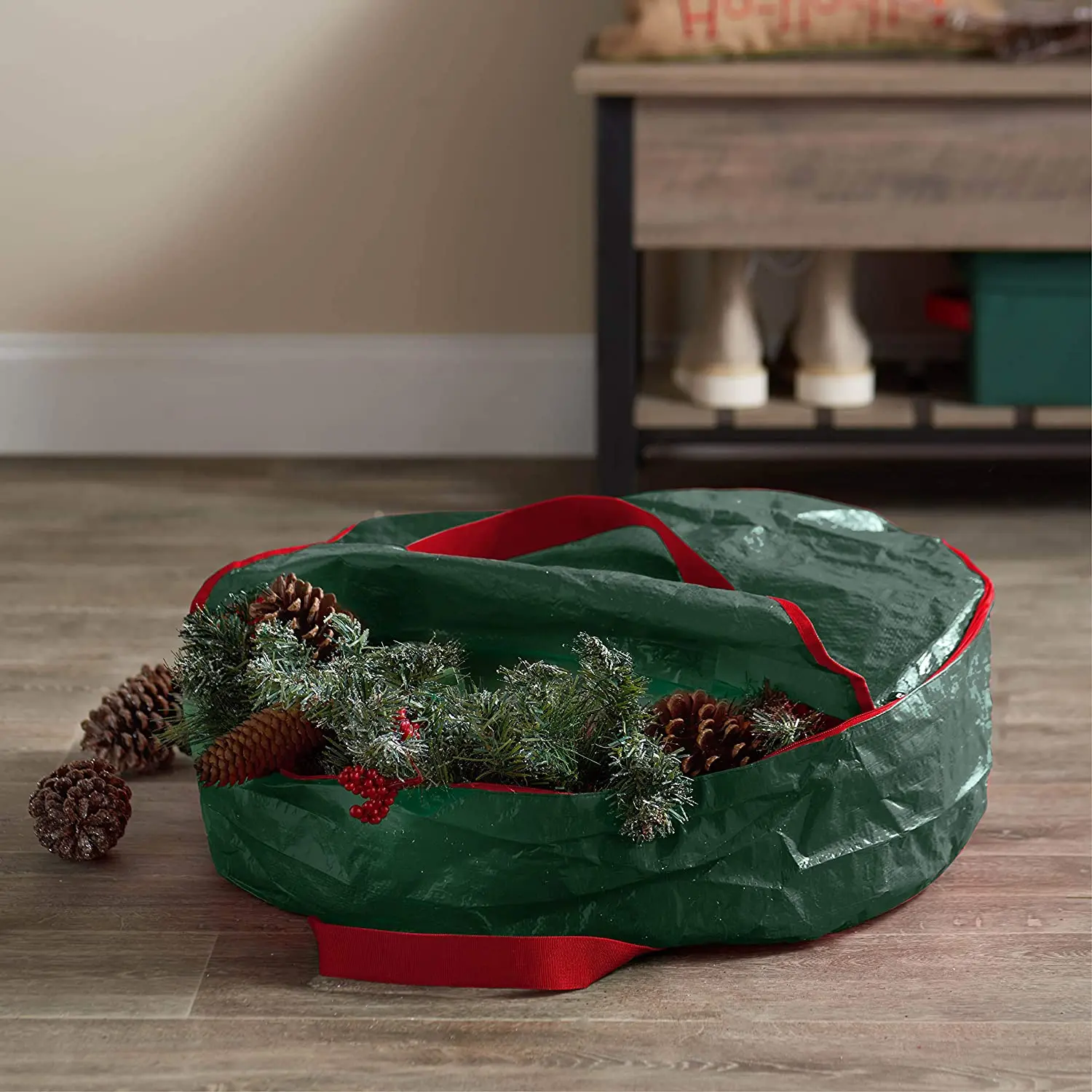 Christmas Wreath Storage Bag 23.62Inch Garland Holiday Container Featuring Handles and Transparent Card Slot