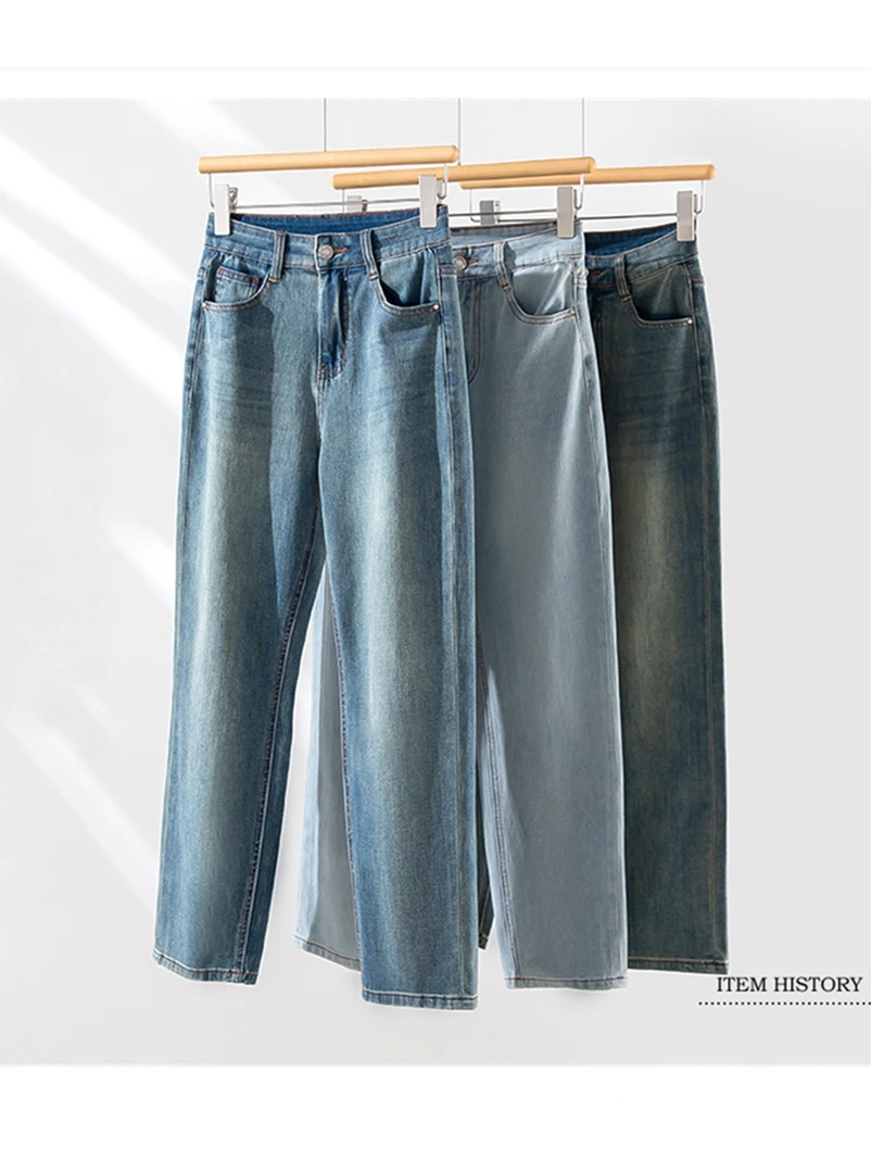 

Ретро джинсы женские с высокой талией, эластичные, прямого кроя, длиной до щиколотки, с эффектом похудения, синие, из хлопкового денима, весна-лето, новинка