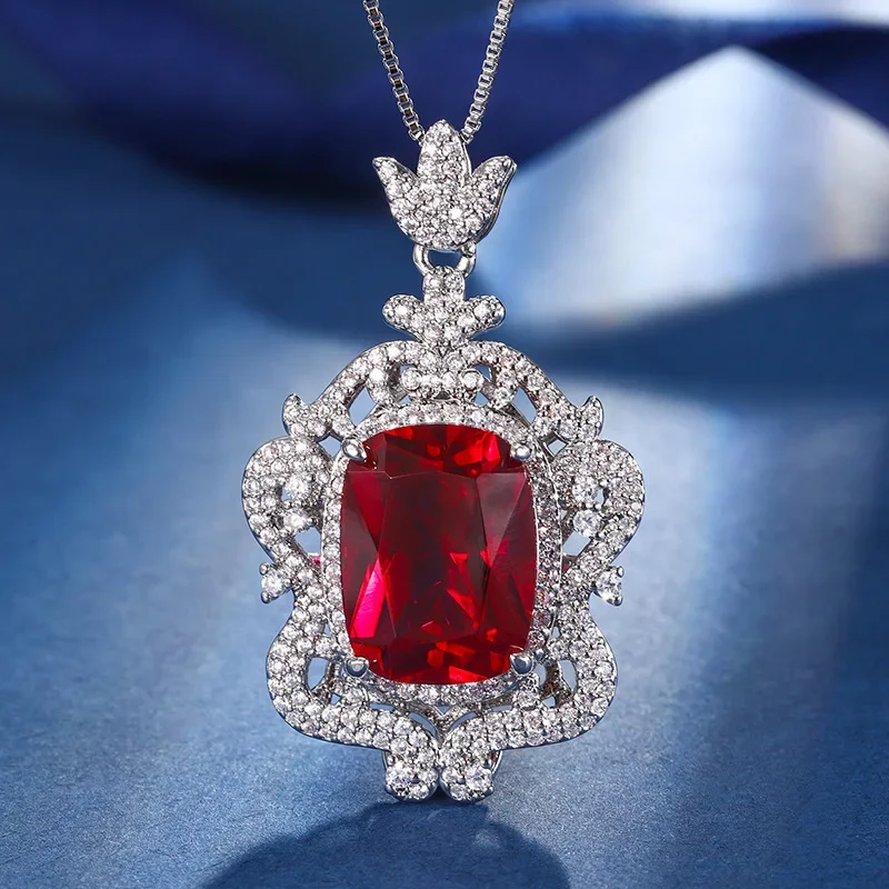 S925 Silver Plated 18K Gold Plated PT950 Platinum Emerald Red Corundum Hao Inlaid Fat Square 12*16 Pendant Necklace for Women