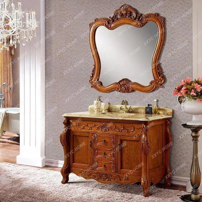 

V132 bathroom cabinet marble antique floor red oak solid wood wash basin cabinet combination