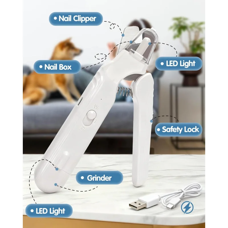 

Ultra Quiet USB Rechargeable 2-in-1 Dog Nail Clippers And Grinder with LED Lights And Splash Guard Pet Paw Grooming Tool