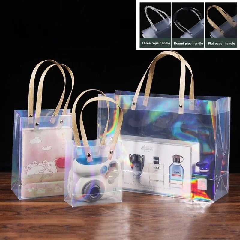 StoBag 10pcs Laser Transparent Gift Tote Bags Plastic Packaging Handbag Waterproof Storage Reusable Pouch Birthday Party Favors