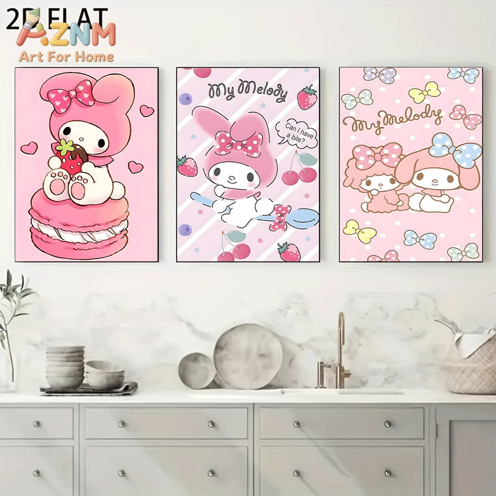 AZNM Sanrio My Melody Canvas Wall Art Unframed Cute Cartoon Macaron Strawberry Bow Heart Theme Print Painting Girls Bedroom Home