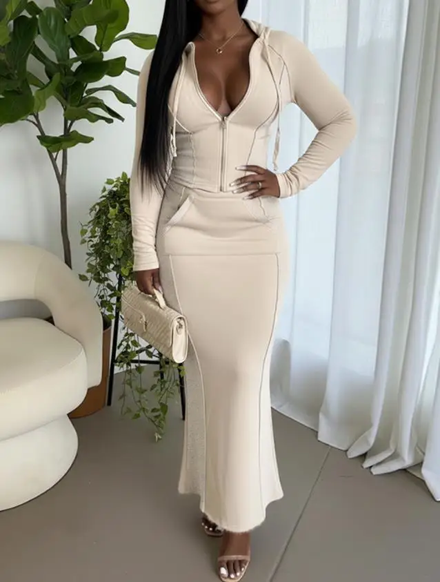 

Autumn Winter Women's Skirt Set Stylish Plain Two-Piece Set Hooded Drawstring Sweatshirt and Casual Slim Fit Skirt with Pockets