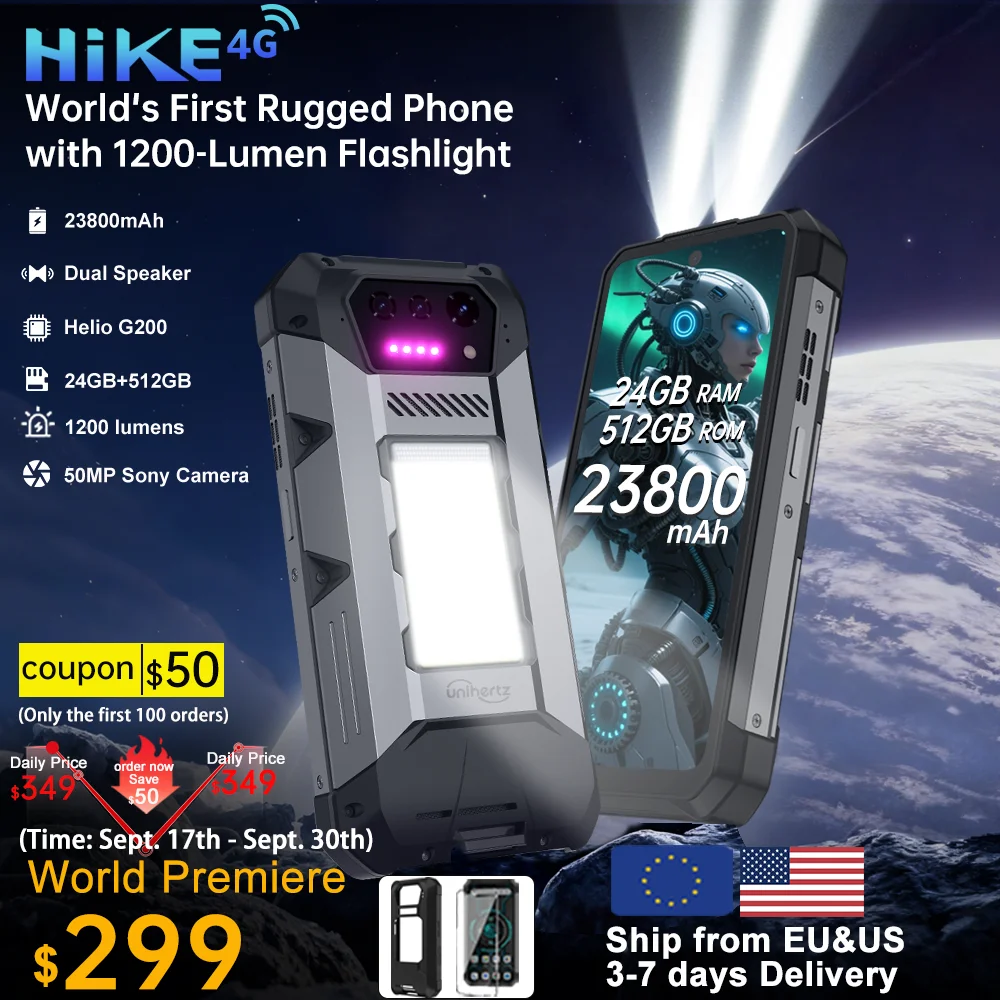 Unihertz Hike 8849 Rugged Smartphone Android 14 with 1200 Lumen 200 Meter Flashlight 23800mAh 12GB+512GB G200 CPU Dual Speaker