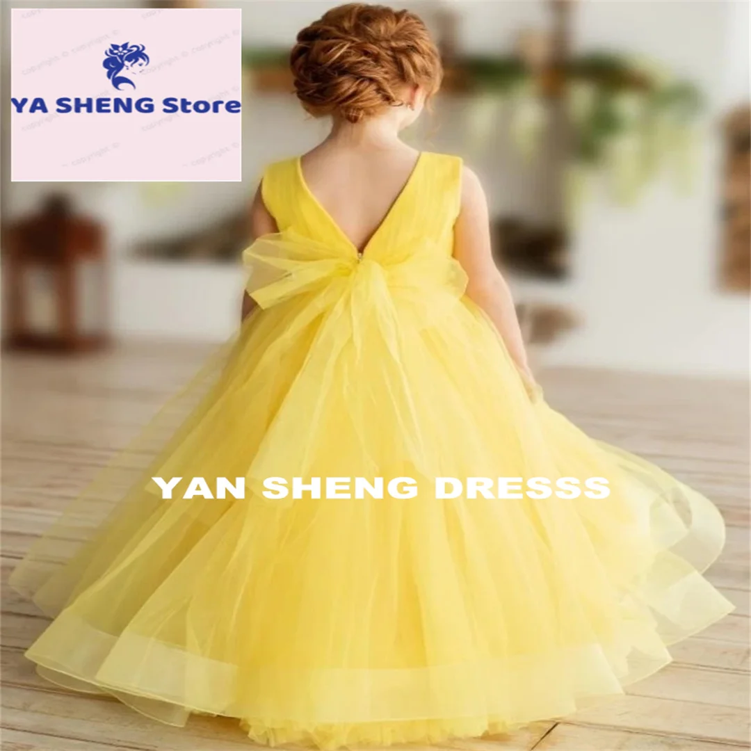 Customized Flower Girl Dresses Yellow Tulle Puffy Solid With Tailing Sleeveless For Wedding Birthday Party Banquet Princess Gown