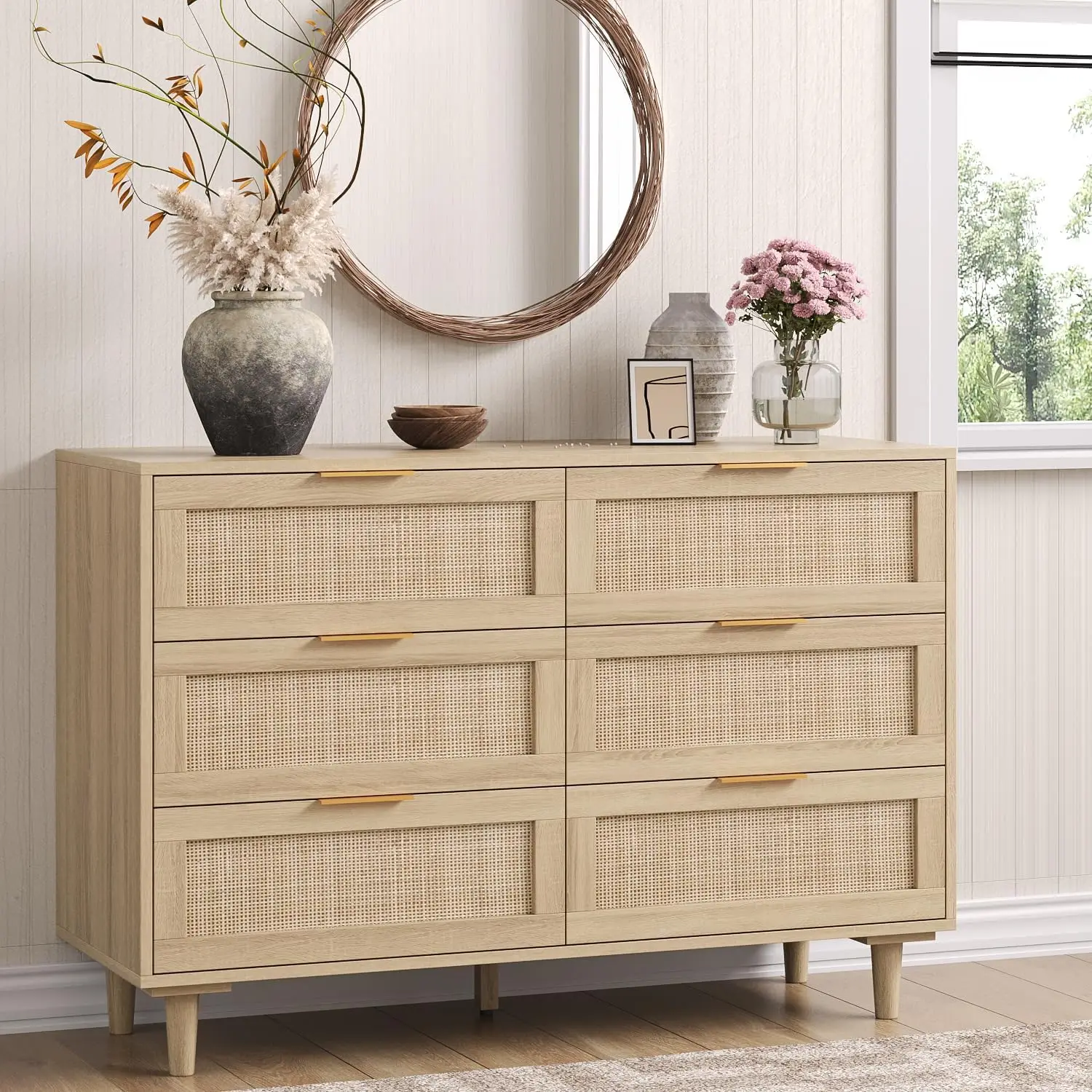 Angel Sar Rattan Dresser For Bedroom, 6 Drawer Wide Dresser, Boho&Farmhouse Chest Of Drawers, 43