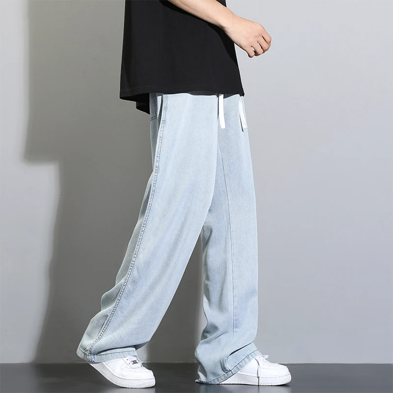 Summer Lyocell Fabric Men\'s Jeans Soft Thin Loose wide-leg Straight Pants  Elastic Waist Casual Trousers Sweat Pants Size M-6xl