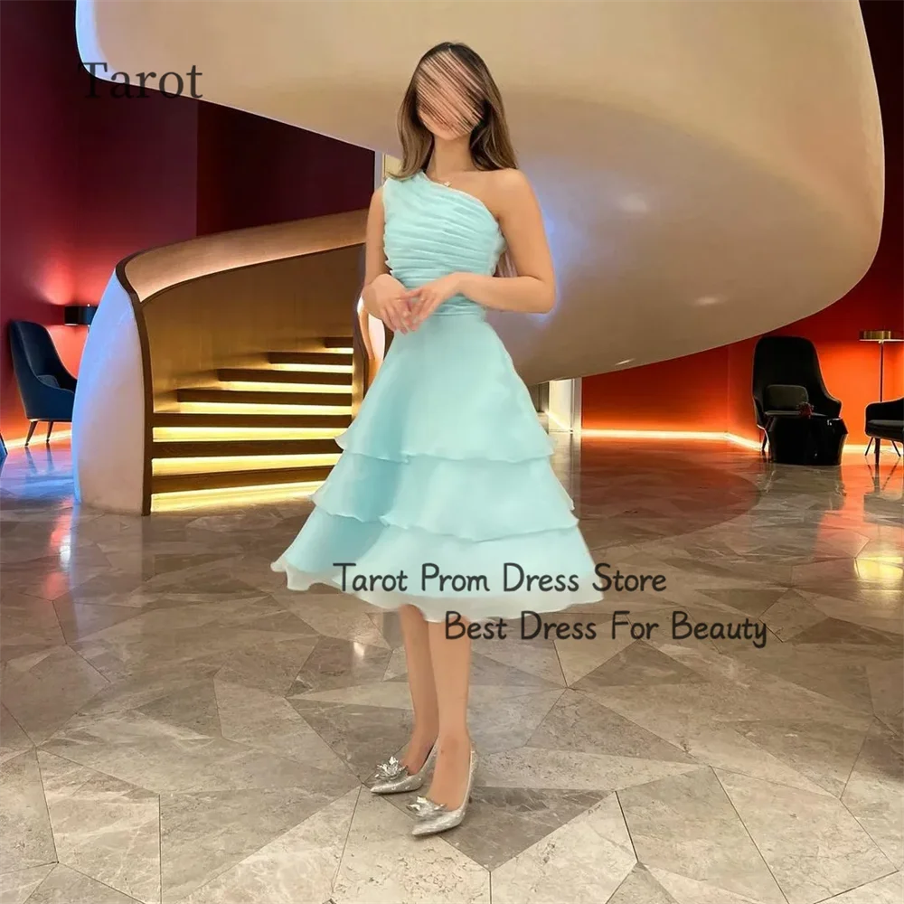 Tarot A Line One Shoulder Prom Dresses Organza Sleeveless Elegant Evening Dress Knee Length Tiered Back Strap Holiday Gonws