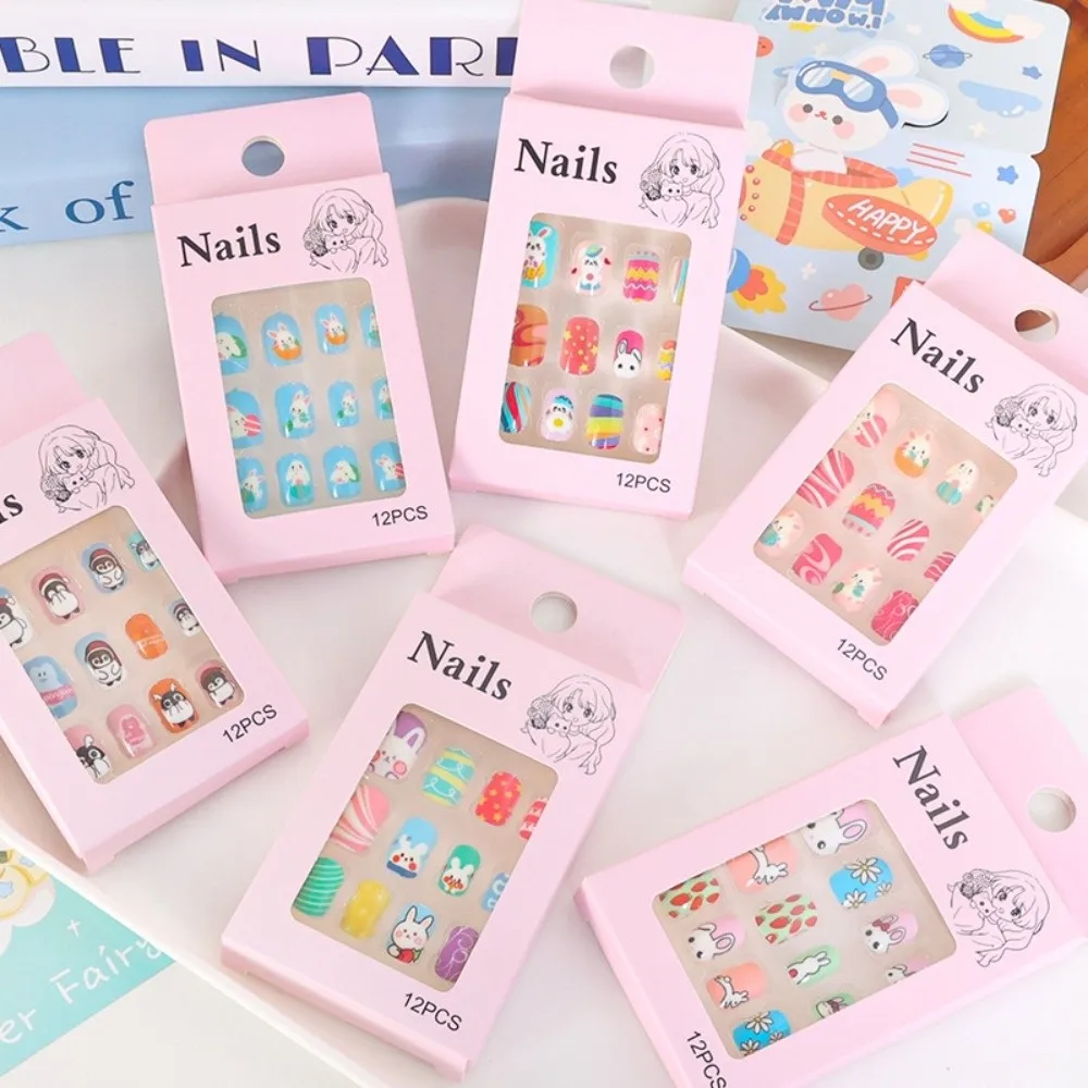 

Snowflake Snowman Children Christmas False Nails Bunny Flower Short Square Shaped Kids Cartoon Fake Nails Nail Supplies Bowknot