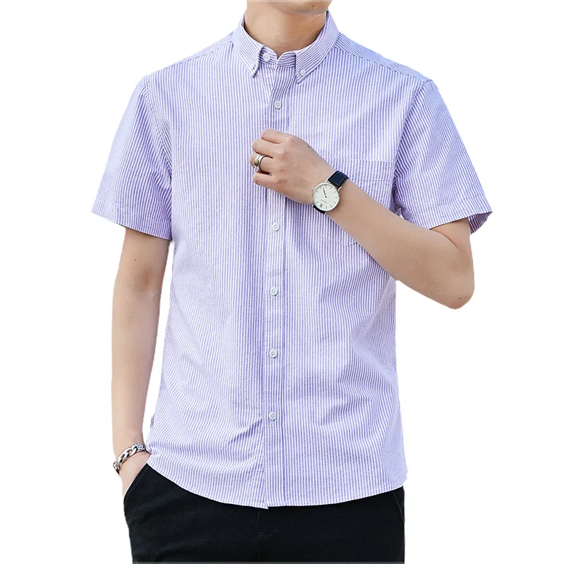 Half Sleeve Shirt Men Slim 100% Cotton Pure Color Stripe Shirts Casual Short Sleeve Shirts for Men Single Pocket Men's Shirts