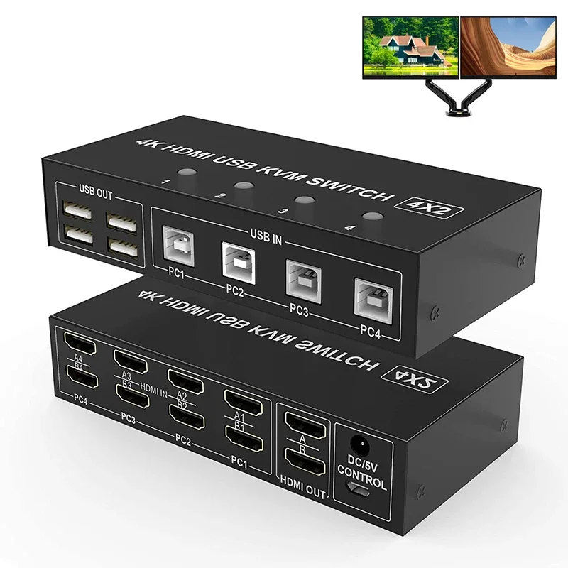 4x2 HDMI-compatible KVM Switch 4K@60Hz Dual Monitor KVM Switcher 4 in 2 out Extended Display 4 PC Share Mouse Keyboard Printer