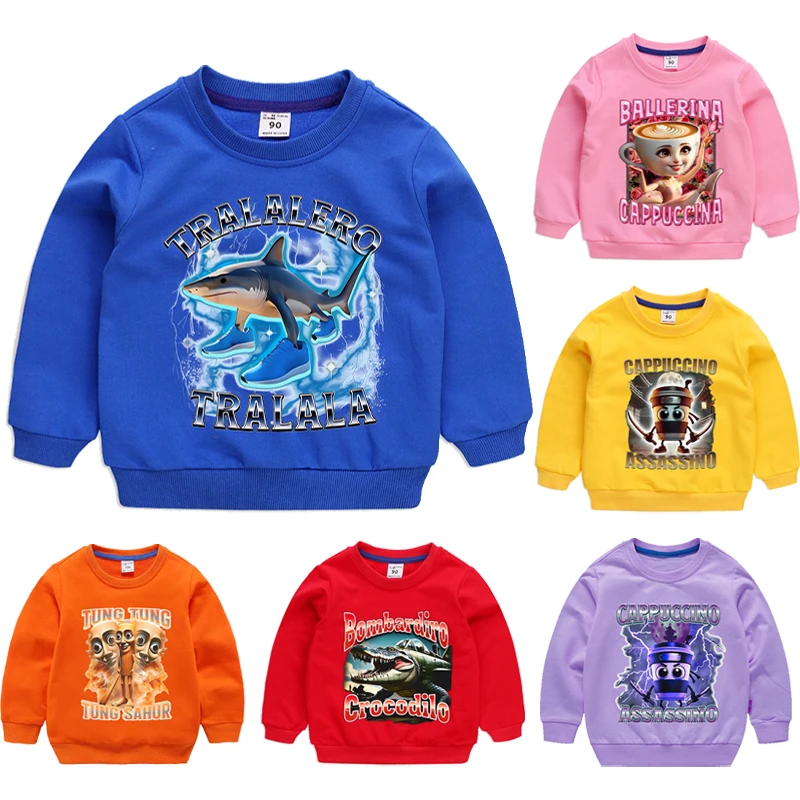 

Детские толстовки с итальянским мозгом Tralalero Tralala Ballerina Capuccina, толстовка с героями мультфильмов, осенние повседневные топы, одежда для маленьких мальчиков