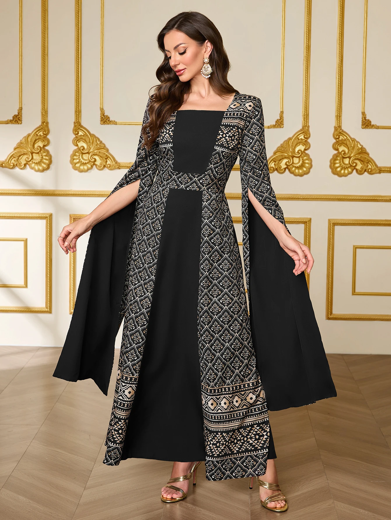 

Женское платье с случайным принтом, мусульманское длинное платье Рамадана с квадратным вырезом, длинными рукавами, дизайн с разрезом, длинное платье в винтажном этническом стиле в стиле пэчворк