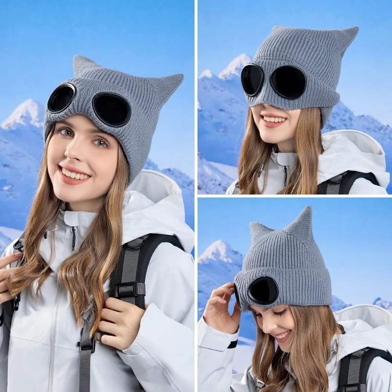 Winter Cat Ear Knitted Hat with Goggles Women Warm Plush Riding Cap Outdoor Windproof Ski Headgear Ear Protection Woolen Beanies