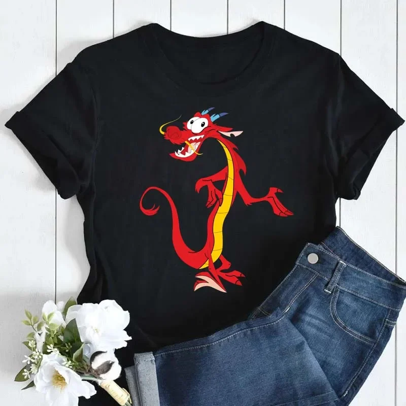 Disney-T-shirt à manches courtes imprimé Mulan pour femmes, esthétique Harajuku, décontracté, femme, vêtements College Mushu, nouvelle mode, été