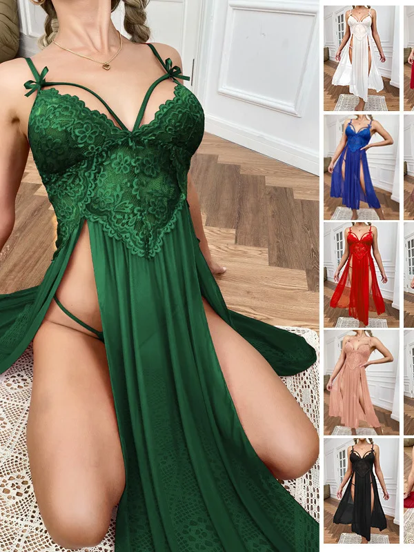 ชุดนอนผ่าข้างผ้าลูกไม้คอวีตาข่ายเซ็กซี่ขนาดใหญ่สำหรับผู้หญิงชุดนอนแฟชั่นหรูหราเสื้อผ้ากุลสตรีเซ็กซี่เกาหลีเสื้อ S7XO ชุดมินิเดรส