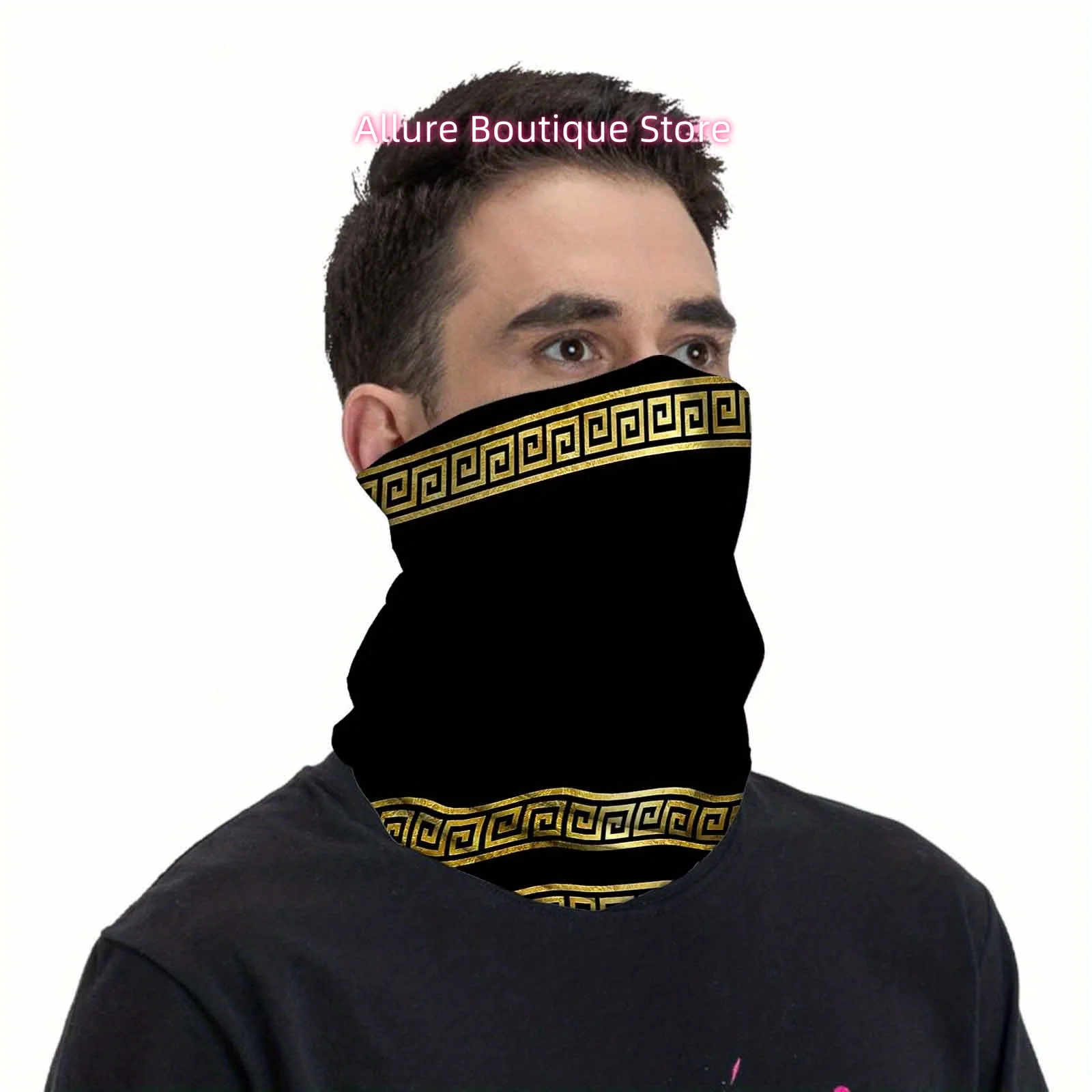 Golden Greek Key Pattern, Black Background, Vertical Design Print Scarf, Multi-Functional Mask And Neck Mask, Suitable for Outdo view 4