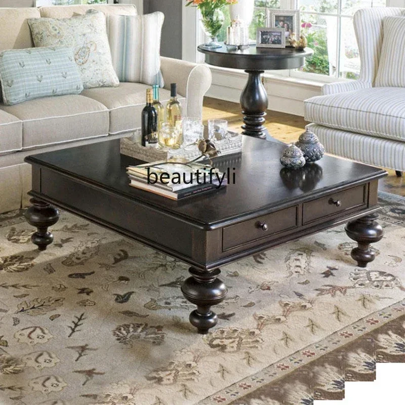 American-Style Solid Wood Coffee Table  Living Room Black Square Lifting with Drawer Storage Simple Coffee Table Customization