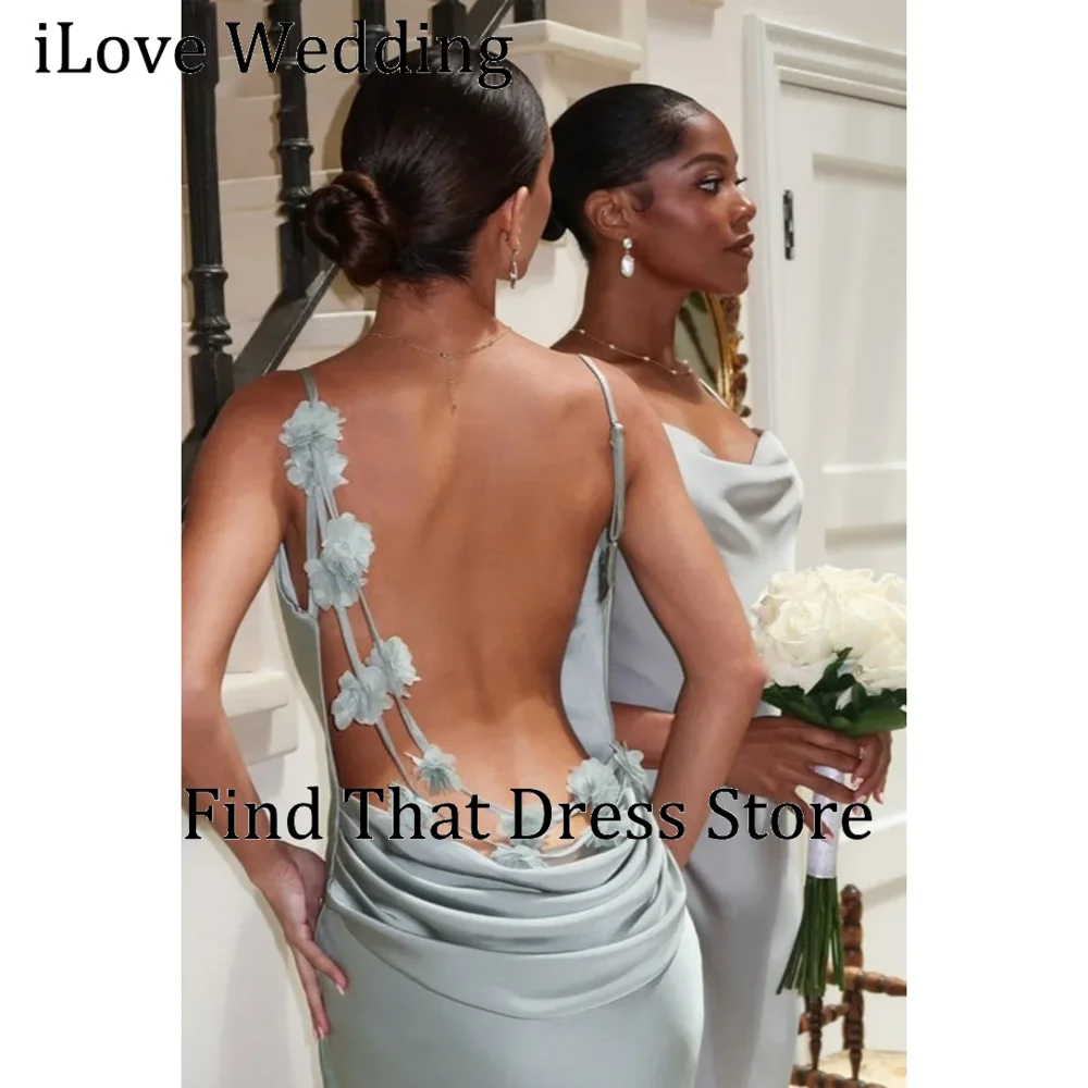 

Custom Made Beach Spaghetti Straps Sheath Sexy Open Back Evening Party Dress Floor Length Flowers Prom WeddingDress
