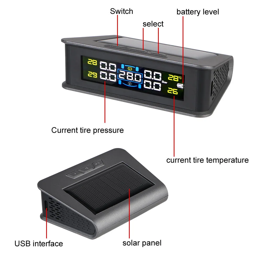 Tire Pressure Monitoring System Car TPMS Solar/USB Powered Auto Security Alarm Systems Digital LCD Display