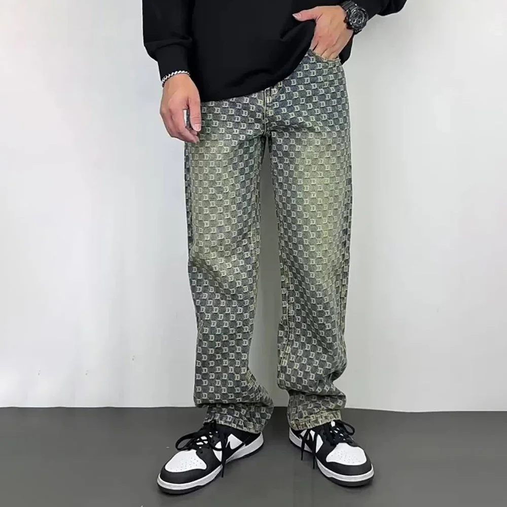 だぶだぶのジーンズメンズジャカードストレートジーンズヴィンテージアメリカンスタイルハイストリートヒップホップファッションカジュアル 2025 夏の新男性ボトムス