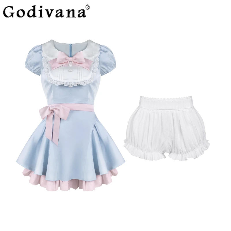 女性用ブルーのリボン付きワンピース、ハイウエストロリータスイートドレス、夏の女の子向け和風キュートなドレス、ホワイトバブルショーツセット