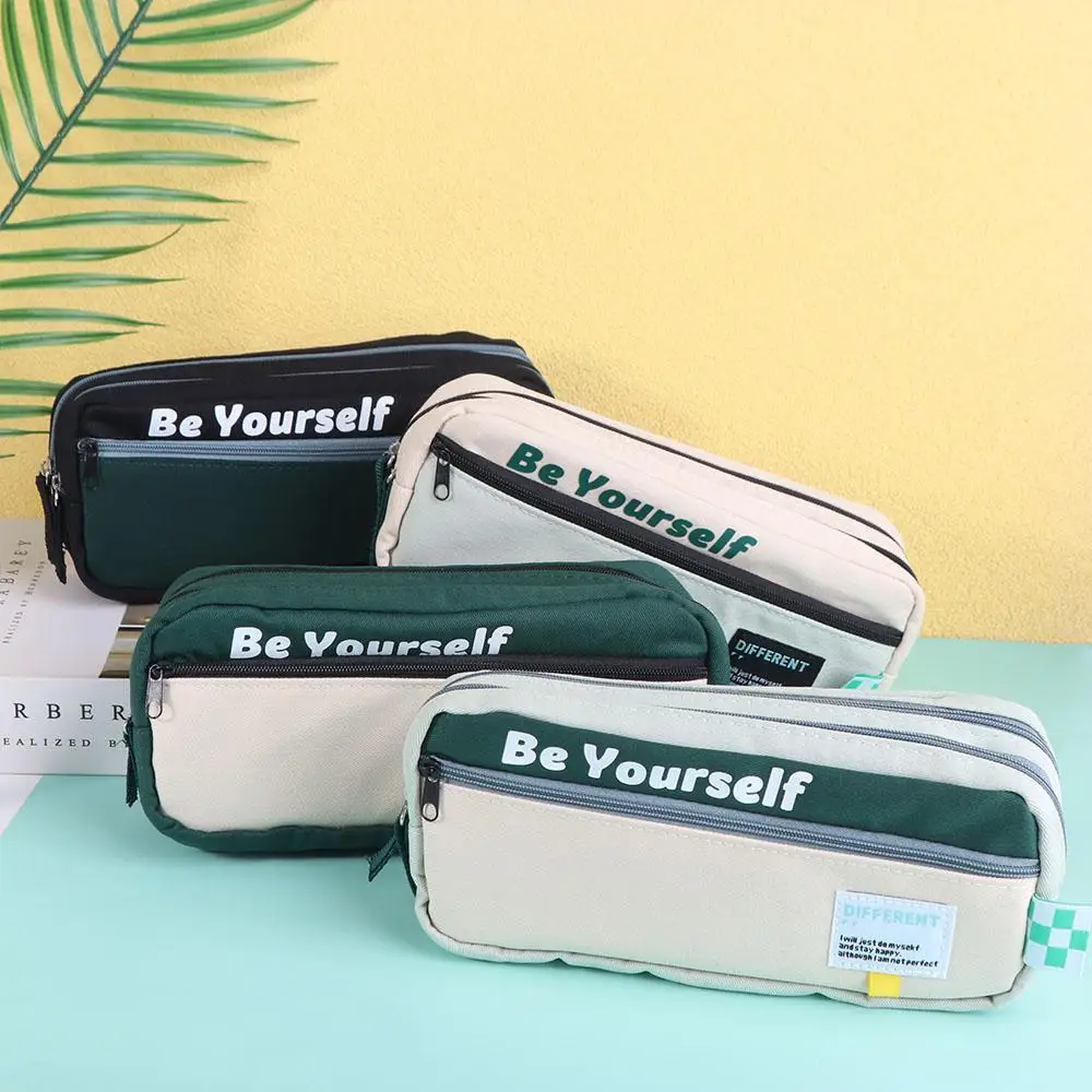 Canvas Double Zippers Pencil Case Dirt Resistant Organizer Storage Pencil Bag Korean Style Multi Layer Cartoon Pencil Cases